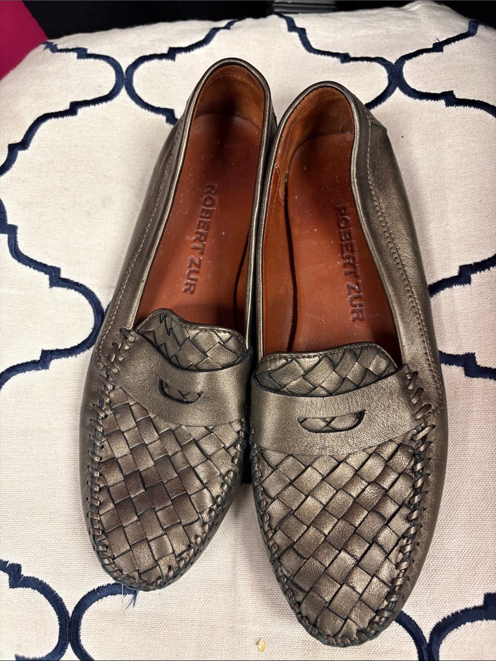 Robert Zur Metallic Gray Woven Leather Slip-On Loafers